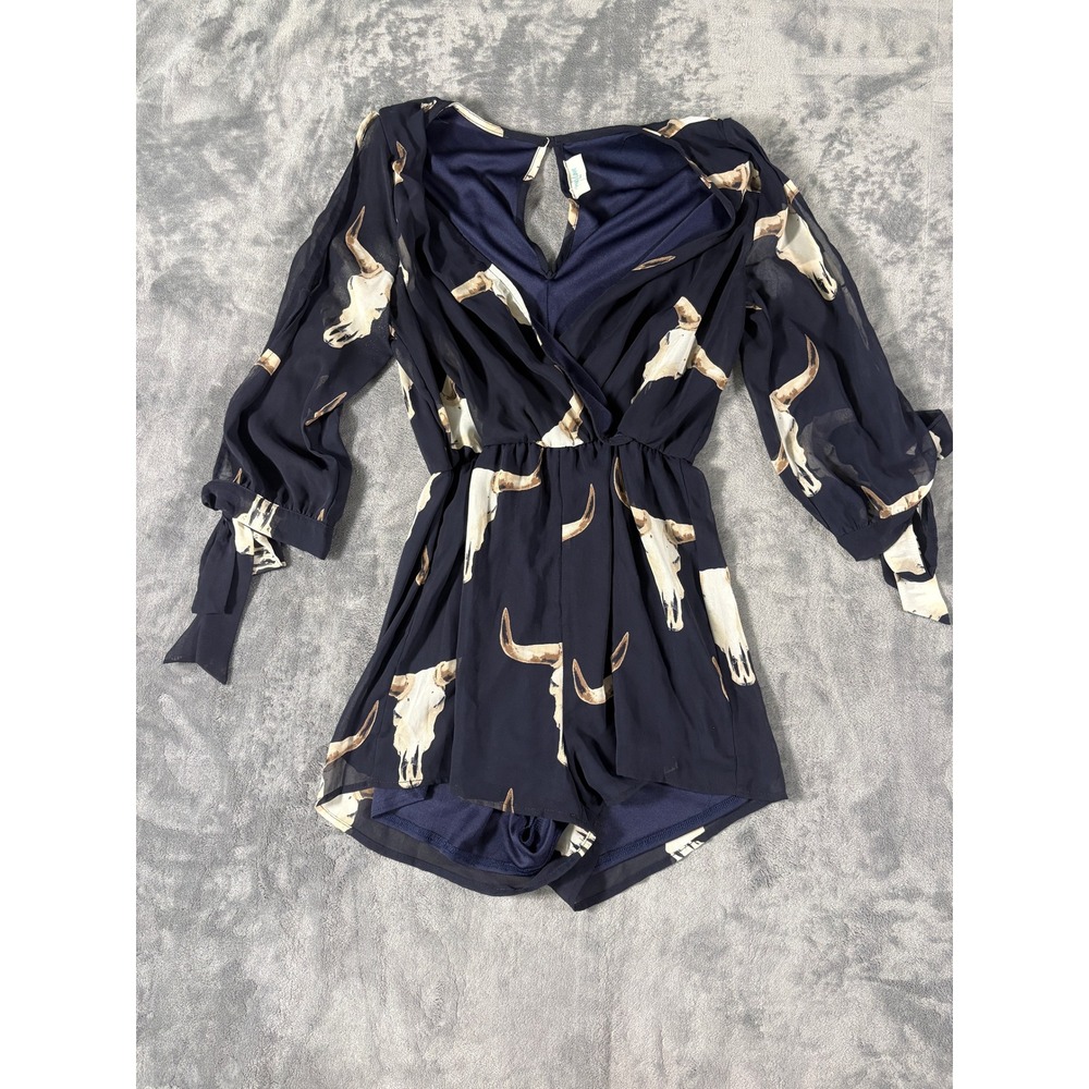 Peach Love California Women Romper Pit 17 L 30 Navy Bull Skull Print Boho Romper
